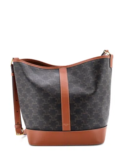 Pre-owned Celine Triomphe Coated Canvas Medium Bucket Bag In Brown