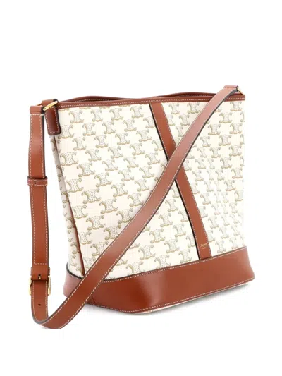 Pre-owned Celine Triomphe Coated Canvas Medium Bucket Bag In Neutral