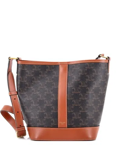 Pre-owned Celine Triomphe Coated Canvas Small Bucket Bag In Brown