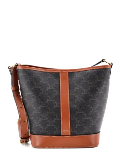Pre-owned Celine Triomphe Coated Canvas Small Bucket Bag In Brown