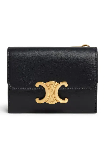 Celine Triomphe Compact Wallet With Coin Purse In Polished Calfskin In Black