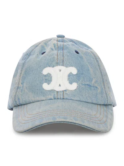 Celine Triomphe Cotton Denim Hat In Blue