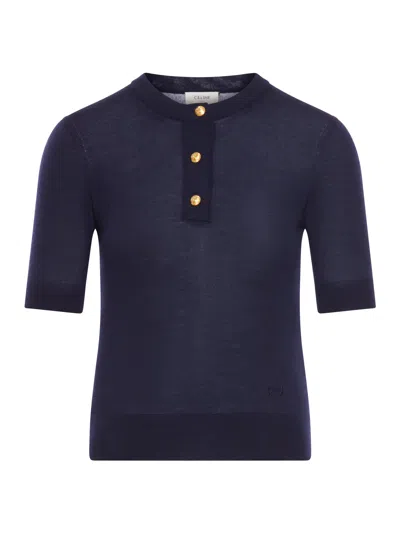 Celine Triomphe Crew Neck Sweater In Fine Wool In Blue
