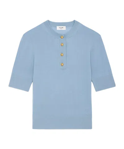 Celine Triomphe Crew Neck Sweater In Fine Wool In Light Blue