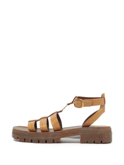 Pre-owned Celine Triomphe Croc-embossed Gladiator Sandals In Brown