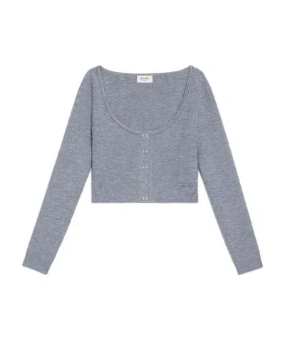 Celine Triomphe Crop Top In Fine Ribbed Wool In Blue