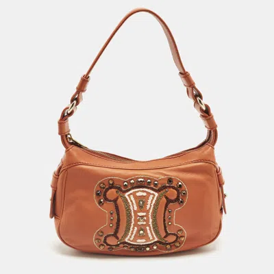 Pre-owned Celine Triomphe Crystals Orange Leather Shoulder Bag