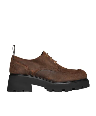 Celine Triomphe Derbies  In Waxed Suede Calfskin In Brown