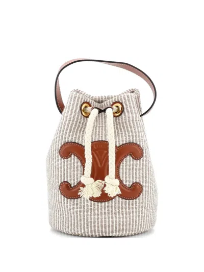 Pre-owned Celine Triomphe Drawstring Canvas With Leather Teen Bucket Bag In Brown