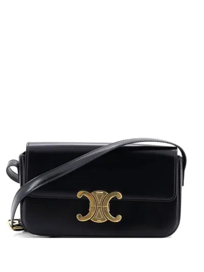 Pre-owned Celine Triomphe East-west Smooth Calfskin Shoulder Bag In Black