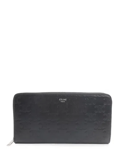 Pre-owned Celine Triomphe Embossed Zipped Wallet In Black