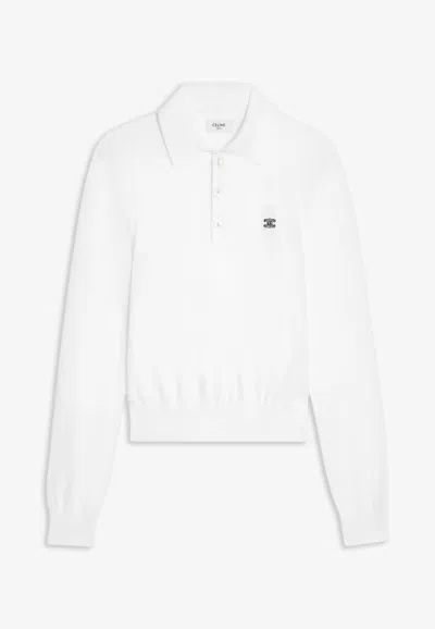Celine Triomphe Embroidered Polo Sweater In White