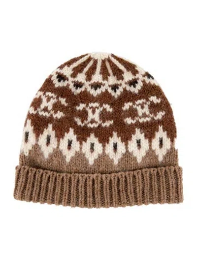 Pre-owned Celine Triomphe Fair Isle Wool Beanie In Brown