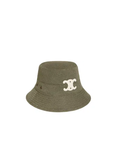 Celine Triomphe Cotton Gabardine Bucket Hat With Eyelets In Green