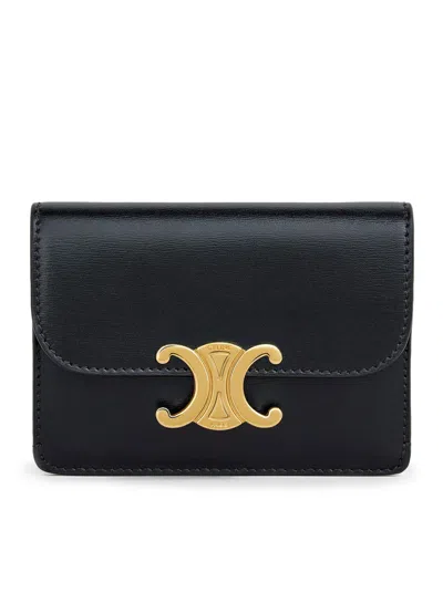 Celine Triomphe Flap Card Holder In Polished Calfskin