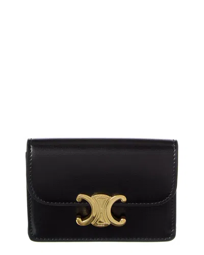 Celine Triomphe Flap Leather Card Case In Black