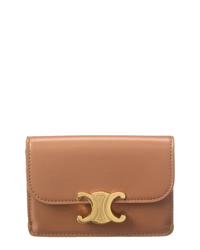 Celine Triomphe Flap Leather Card Case In Brown