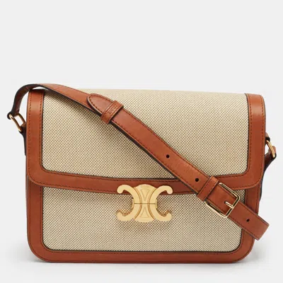 Pre-owned Celine Triomphe Flap Tan/beige Canvas And Leather Shoulder Bag