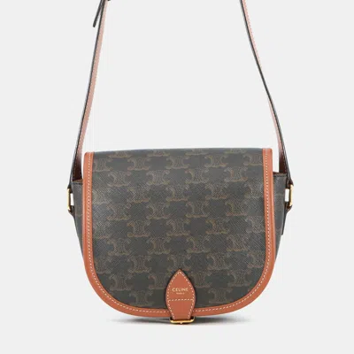 Pre-owned Celine Triomphe Folco Medium Tan Triomphe Coated Canvas Calfskin Leather Crossbody Bag In Brown