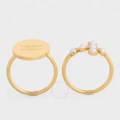 CELINE CELINE TRIOMPHE FOLK GOLD FINISH BRASS AND RESIN PEARL RING SET OF 2