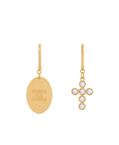 Celine Triomphe Folk Logo Earrings In Yellow