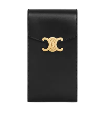 Celine Triomphe Glossy Calfskin Mobile Phone Bag In Black