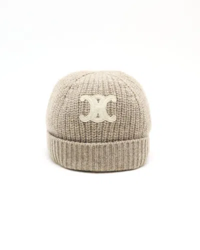 Celine Céline Triomphe Knit Cashmere Beanie In Sand