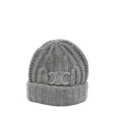 Celine Triomphe Knitted Hat In Gray