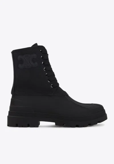 Celine Triomphe Lace-up Boots In Canvas