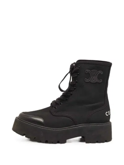 Pre-owned Celine Triomphe Lace-up Combat Boots In Black