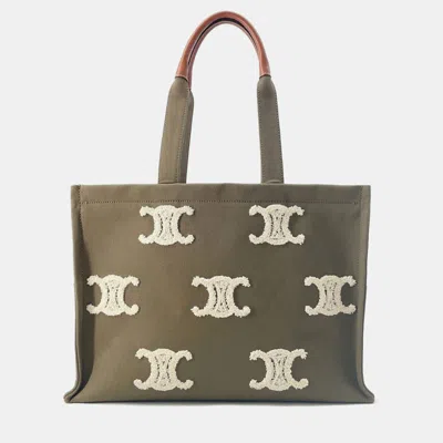 Pre-owned Celine Triomphe Large Cabas Thais Tote Bag Khaki Canvas Leather Size Large