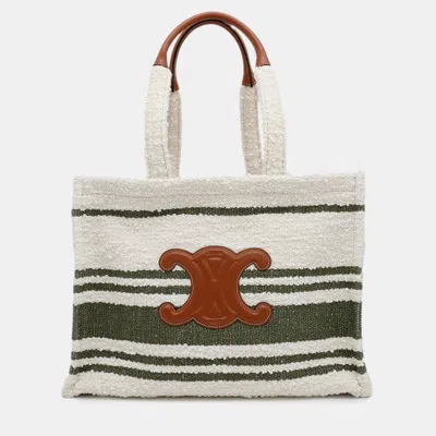 Pre-owned Celine Triomphe Large Cabas Thais Tote Bag White/green Canvas Leather Size Large