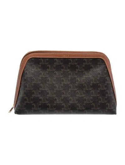Pre-owned Celine Triomphe Large Cosmetic Pouch W/tags In Brown