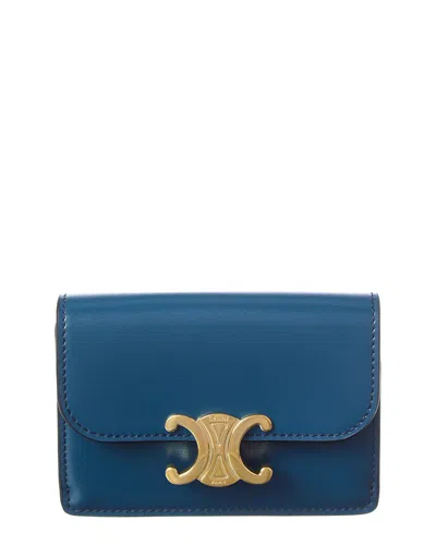 Celine Triomphe Leather Card Holder In Blue
