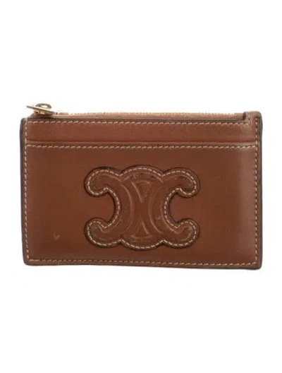 Pre-owned Celine Triomphe Leather Card Holder In Brown