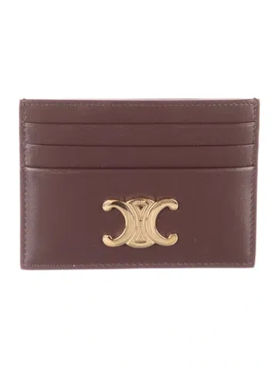 Pre-owned Celine Triomphe Leather Card Holder In Burgundy