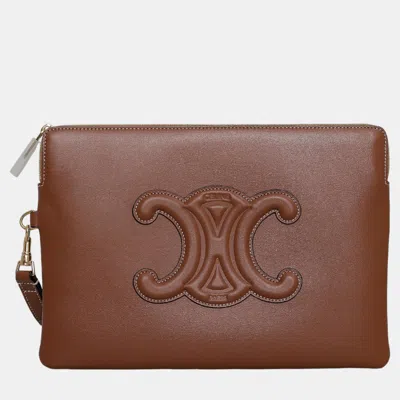 Pre-owned Celine Triomphe Leather Clutch In Brown