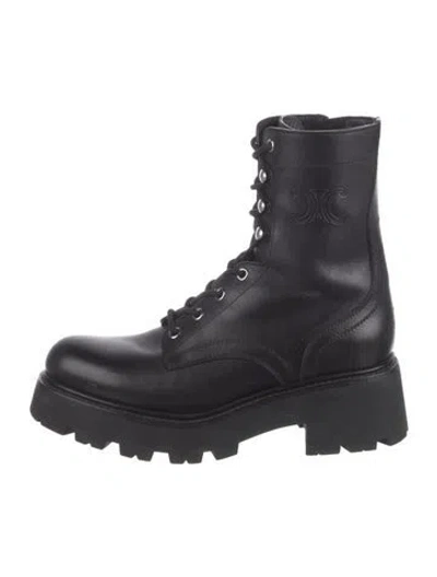 Pre-owned Celine Triomphe Leather Combat Boots In Black