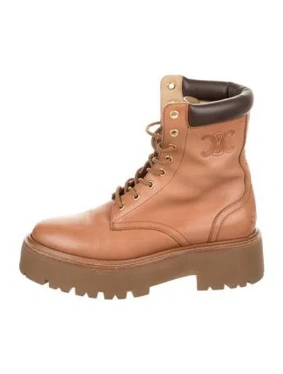 Pre-owned Celine Triomphe Leather Combat Boots In Brown