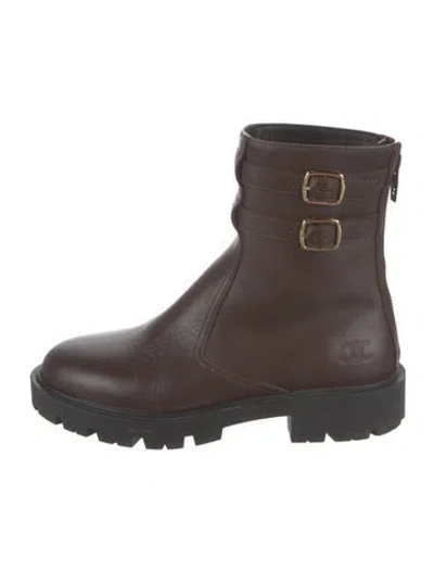 Pre-owned Celine Triomphe Leather Combat Boots In Brown