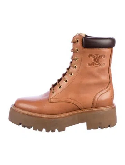 Pre-owned Celine Triomphe Leather Combat Boots In Brown