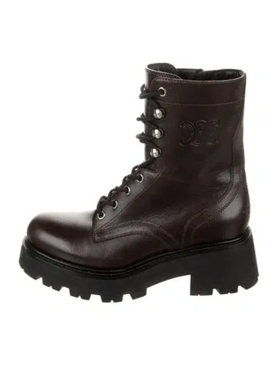 Pre-owned Celine Triomphe Leather Combat Boots In Brown