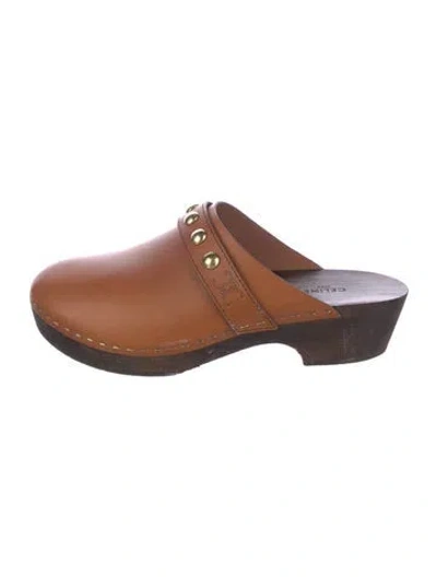 Pre-owned Celine Triomphe Leather Mules In Brown