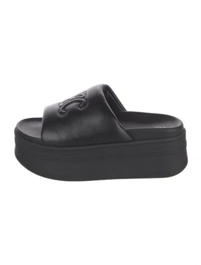 Pre-owned Celine Triomphe Leather Slides In Black