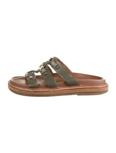 Pre-owned Celine Triomphe Leather Slides In Brown