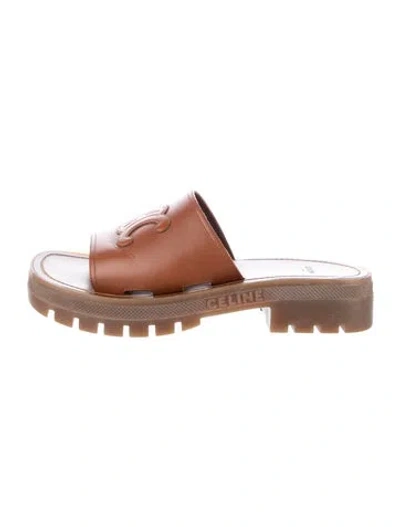Pre-owned Celine Triomphe Leather Slides In Brown