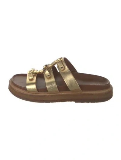 Pre-owned Celine Triomphe Leather Slides In Gold/metallic