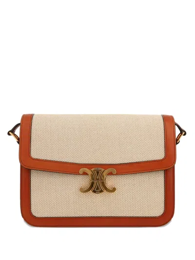 Pre-owned Celine Triomphe Leather-trimmed Shoulder Bag In Neutral