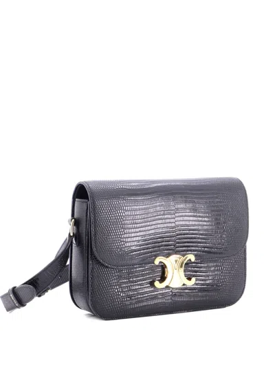 Pre-owned Celine Triomphe Lizard Medium Shoulder Bag In Black