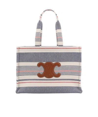 Celine Large Cabas Thais In Striped Textile And Calfskin In Gray